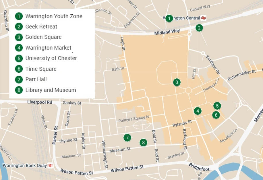 Map of Warrington highlighting: Warrington Youth Zone, Geek Retreat, Golden Square, Warrington Market, University of Chester, Time Square, Parr Hall, Library and Museum.